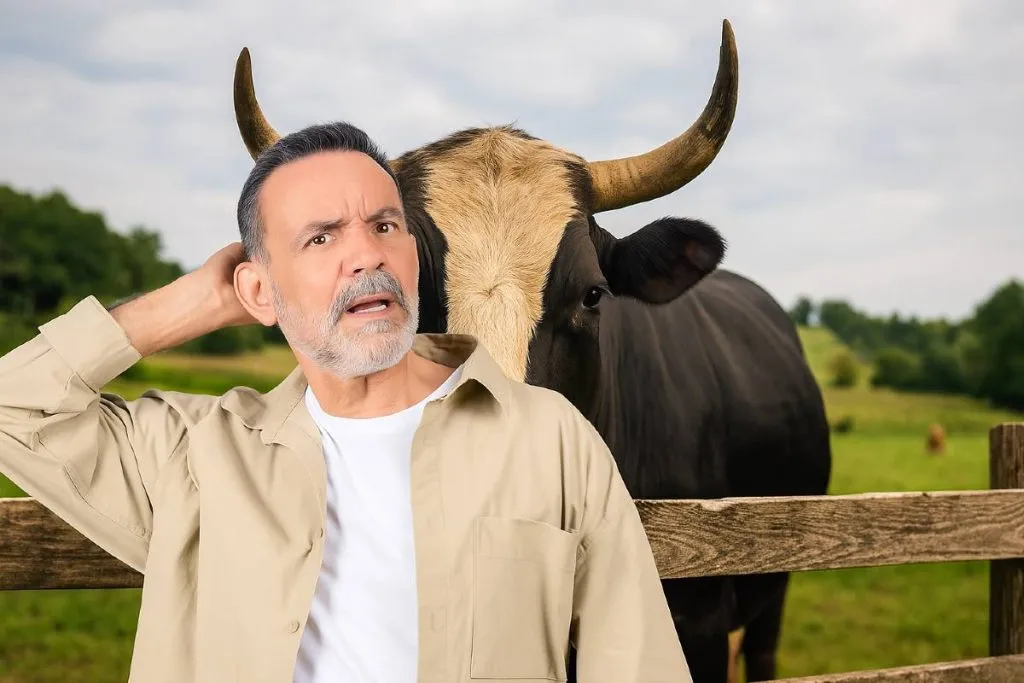 Imagem mostra um homem na cerca de uma fazenda posicionado na frente de um touro, com os chifres do animal perfeitamente posicionados na cabeça dele.