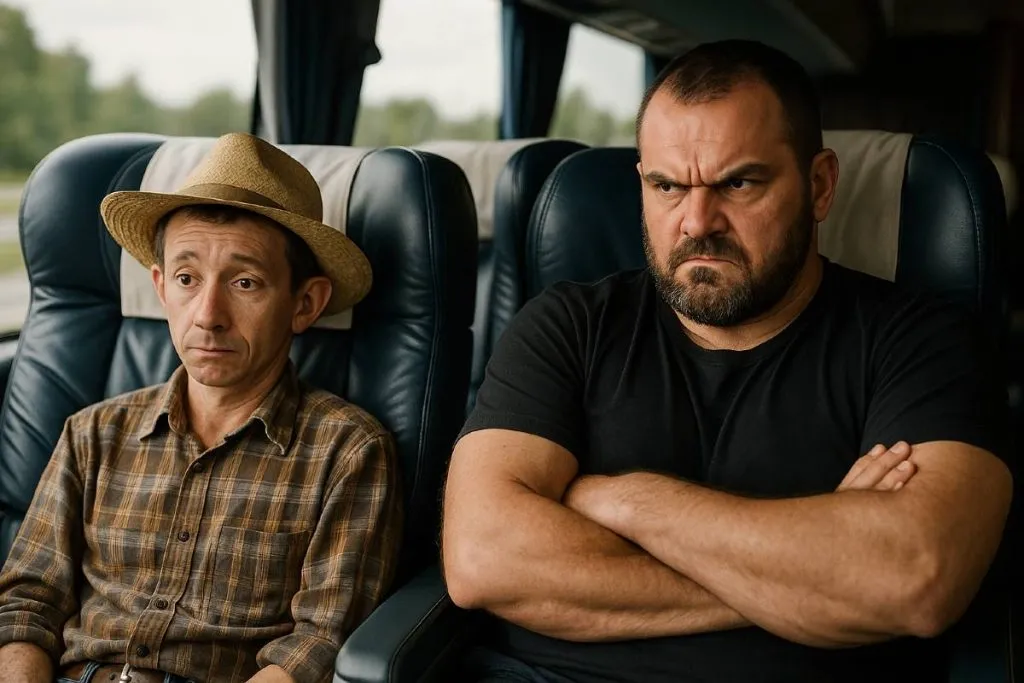 imagem mostra dois homens sentados em um ônibus leito, viajando em poltronas lado a lado. Um deles é um caipira simples, tímido e miúdo, usando um chapéu. O outro é um cara mal-encarado e com cara de poucos amigos e bravo.