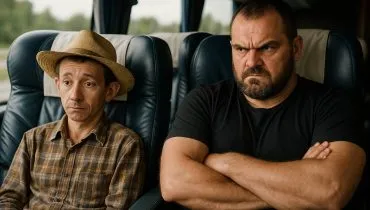 imagem mostra dois homens sentados em um ônibus leito, viajando em poltronas lado a lado. Um deles é um caipira simples, tímido e miúdo, usando um chapéu. O outro é um cara mal-encarado e com cara de poucos amigos e bravo.