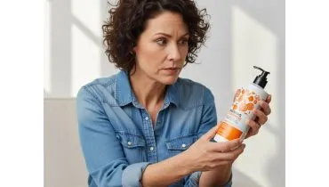 Imagem mostra uma mulher segurando um shampoo de laranja.