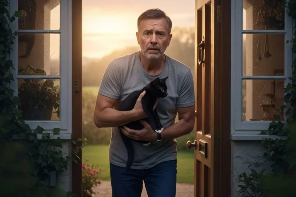 Imagem mostra um homem entrando em casa de madrugada segurando um gato no colo. O homem está com cara de assustado
