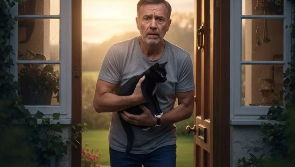 Imagem mostra um homem entrando em casa de madrugada segurando um gato no colo. O homem está com cara de assustado