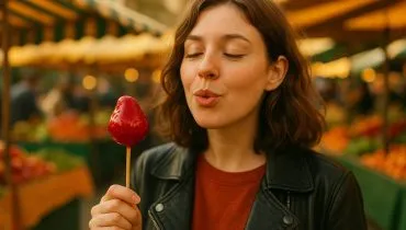 Imagem mostra uma mulher olhando para um doce que bombou no Brasil: Morango do amor!