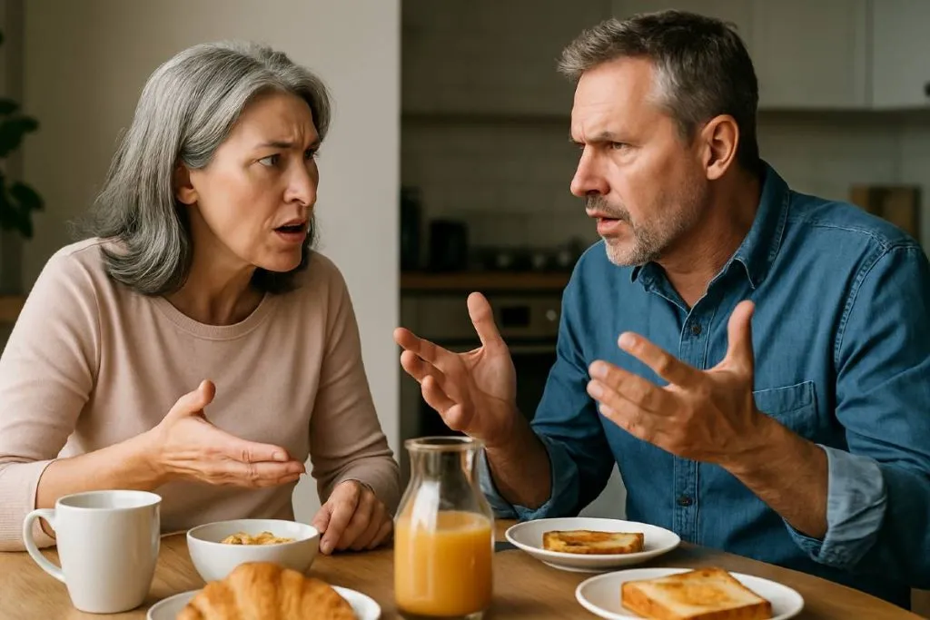 Imagem mostra um casal com idade de 50 anos, em uma discussão na mesa durante o café da manhã.