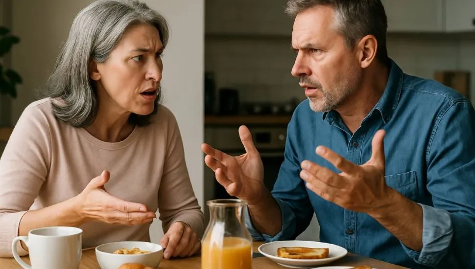 Imagem mostra um casal com idade de 50 anos, em uma discussão na mesa durante o café da manhã.
