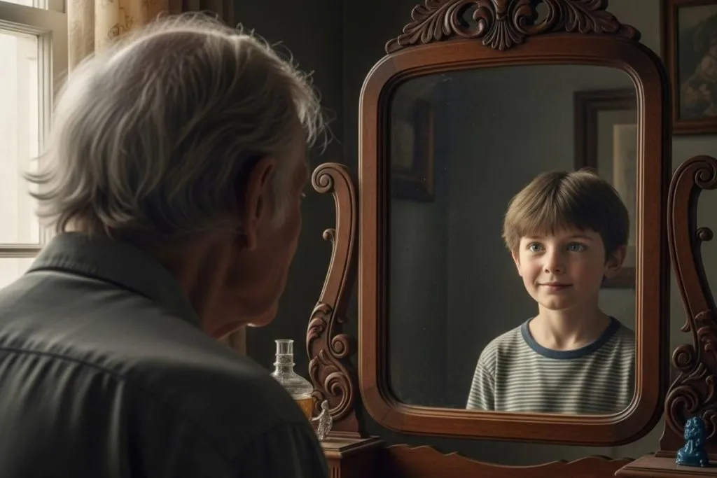 Imagem mostra um idoso olhando no espelho e vendo o reflexo de um menino.