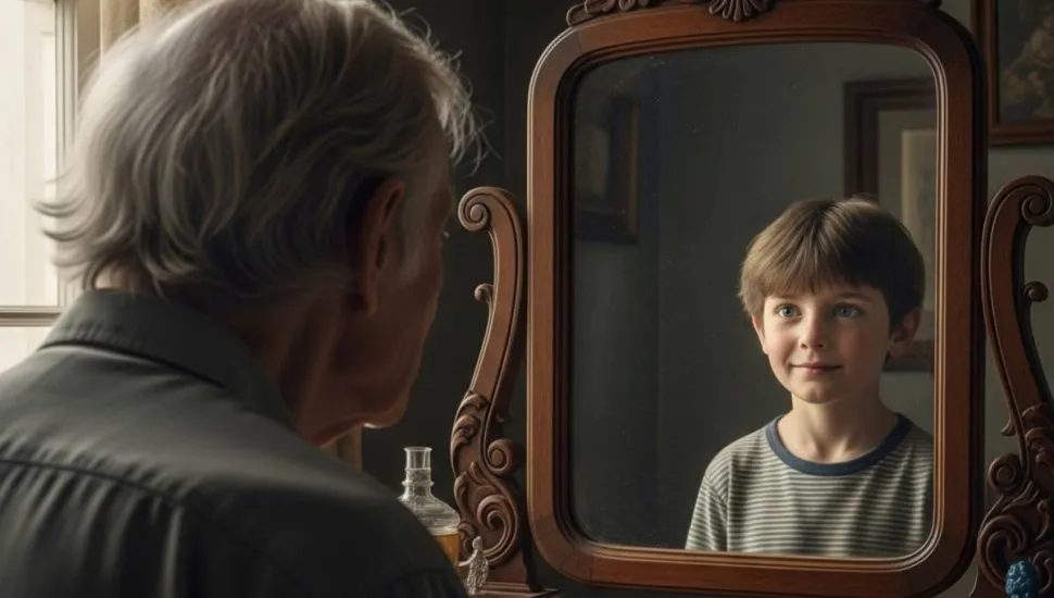 Imagem mostra um idoso olhando no espelho e vendo o reflexo de um menino.
