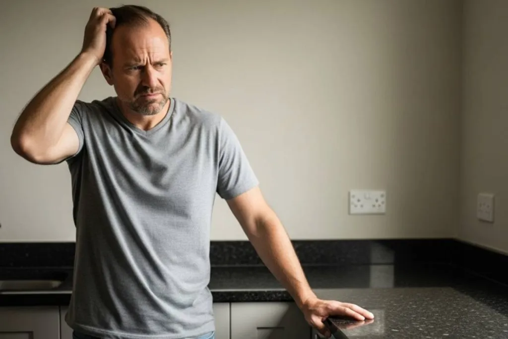 Imagem mostra um homem de 40 anos, casado, olhando para uma bancada de cozinha vazia, sem eletrodomésticos. Ele está com cara de desconfiado e coçando a cabeça.