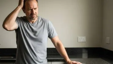Imagem mostra um homem de 40 anos, casado, olhando para uma bancada de cozinha vazia, sem eletrodomésticos. Ele está com cara de desconfiado e coçando a cabeça.