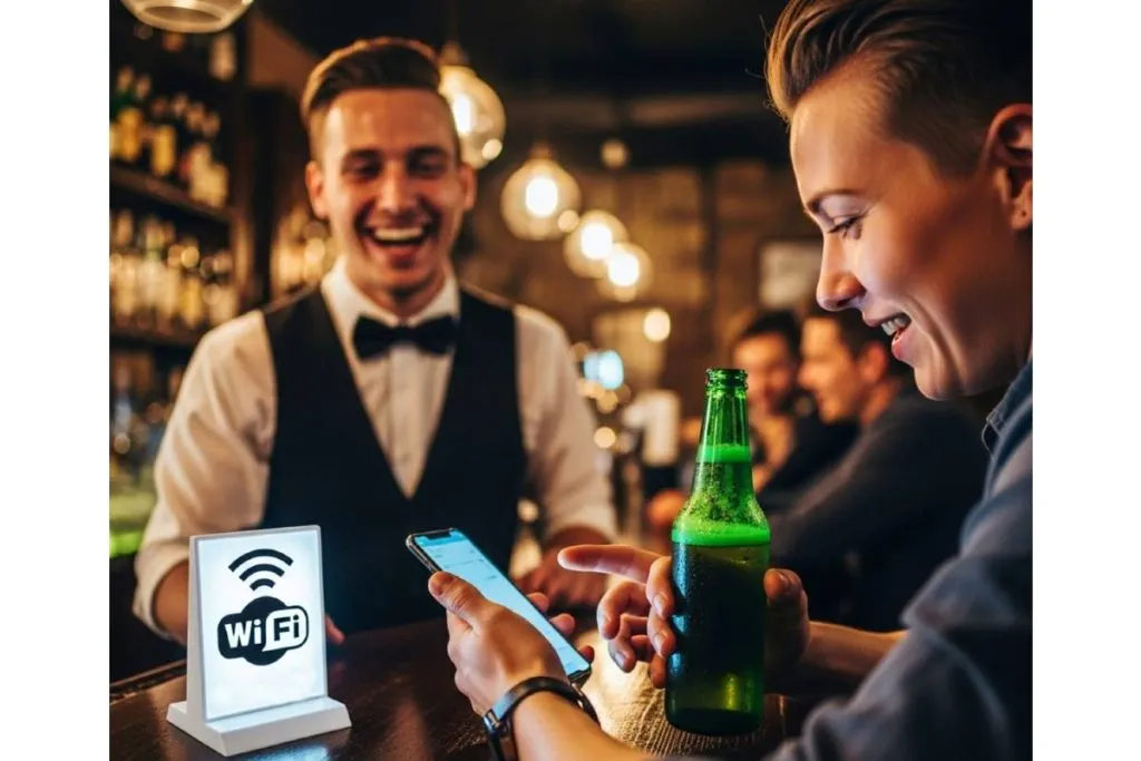 Imagem mostra uma pessoa em um bar utilizando o celular e com uma garrafa de bebida na mão.