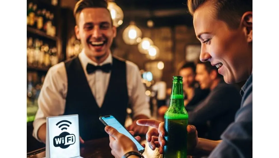 Imagem mostra uma pessoa em um bar utilizando o celular e com uma garrafa de bebida na mão.