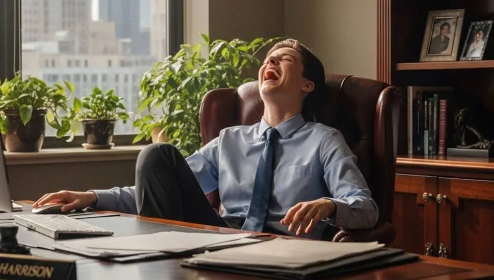 Imagem mostra uma pessoa rindo na mesa de um escritório luxuoso