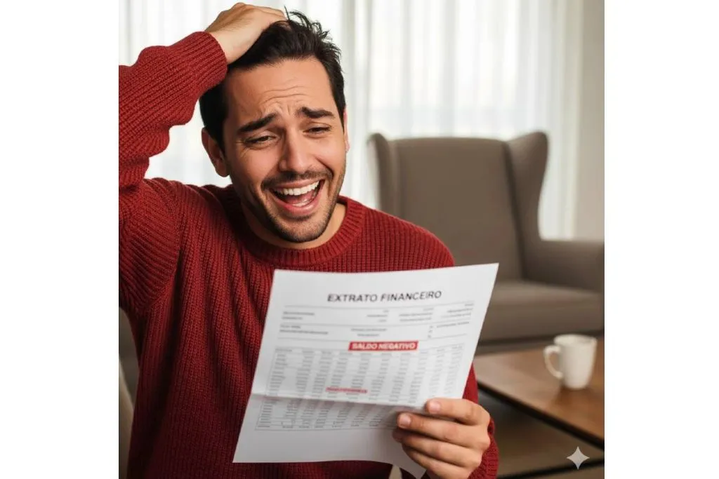 Imagem mostra um homem com um blusão vermelho olhando para um extrato bancário.