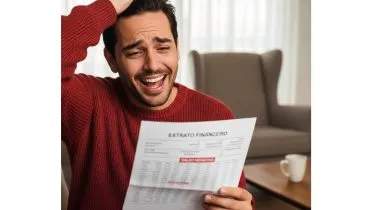 Imagem mostra um homem com um blusão vermelho olhando para um extrato bancário.