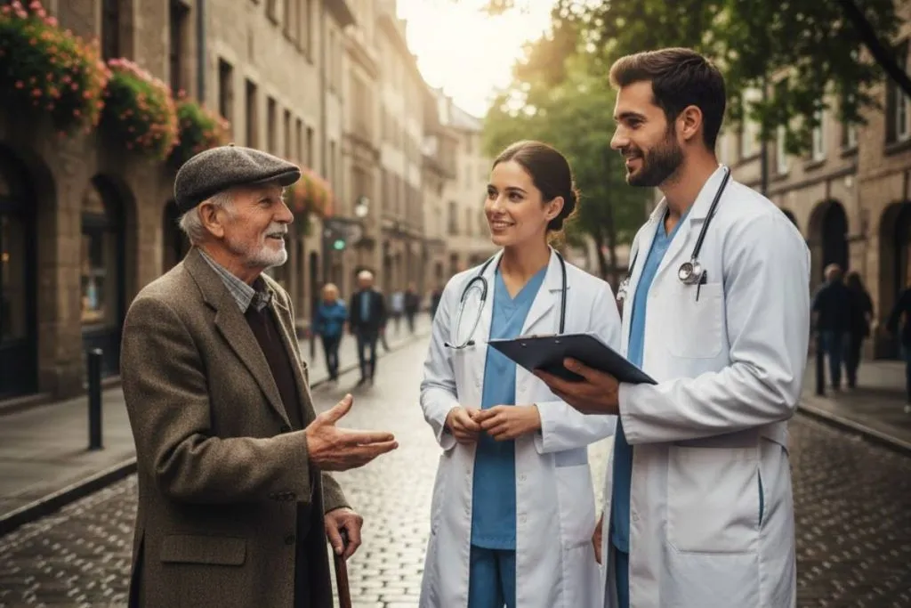 Imagem mostra dois jovens médicos conversando com um idoso no meio da rua.