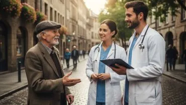 Imagem mostra dois jovens médicos conversando com um idoso no meio da rua.