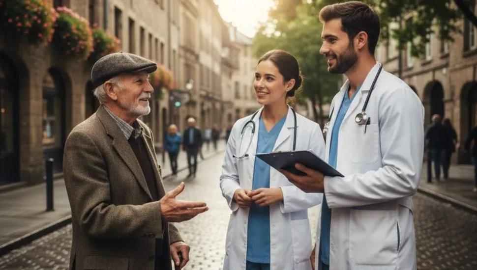 Imagem mostra dois jovens médicos conversando com um idoso no meio da rua.
