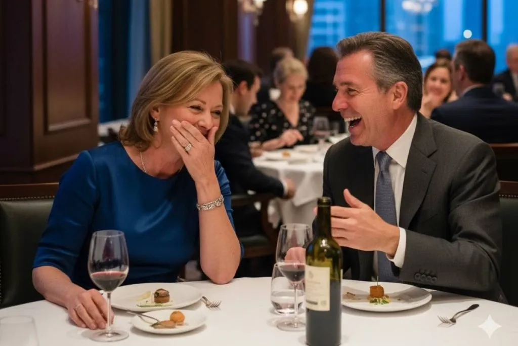 Imagem mostra um homem e uma mulher de meia idade em um restaurante chique.