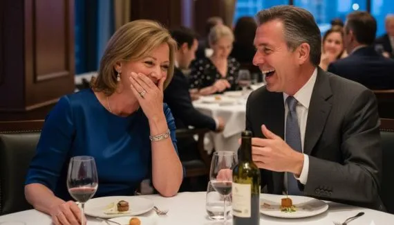 Imagem mostra um homem e uma mulher de meia idade em um restaurante chique.