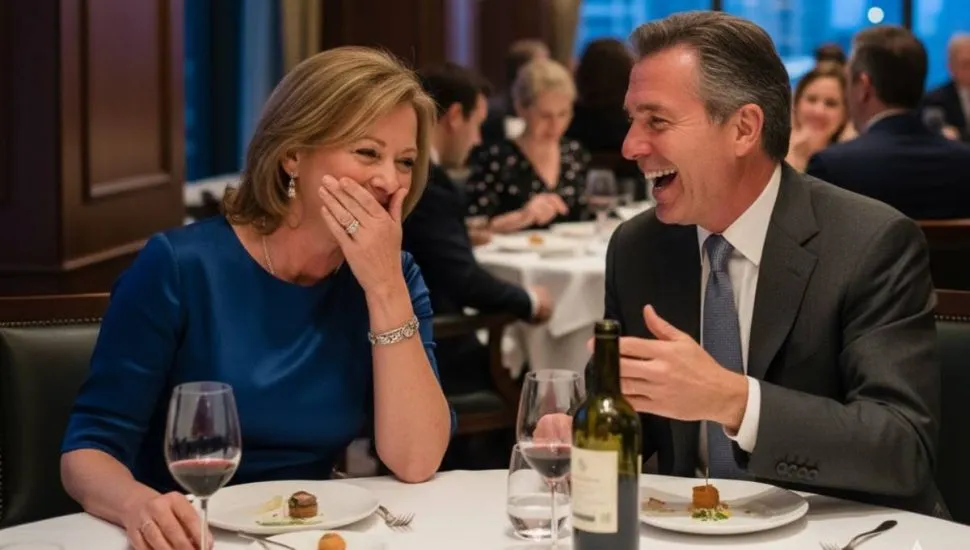 Imagem mostra um homem e uma mulher de meia idade em um restaurante chique.