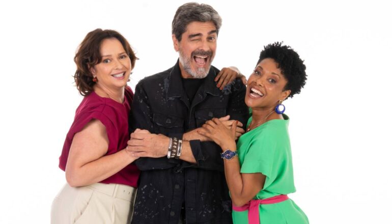 Myrian Rios, Junno Andrade e Elina de Souza como Ruth Renato e Helô em Poliana Moça