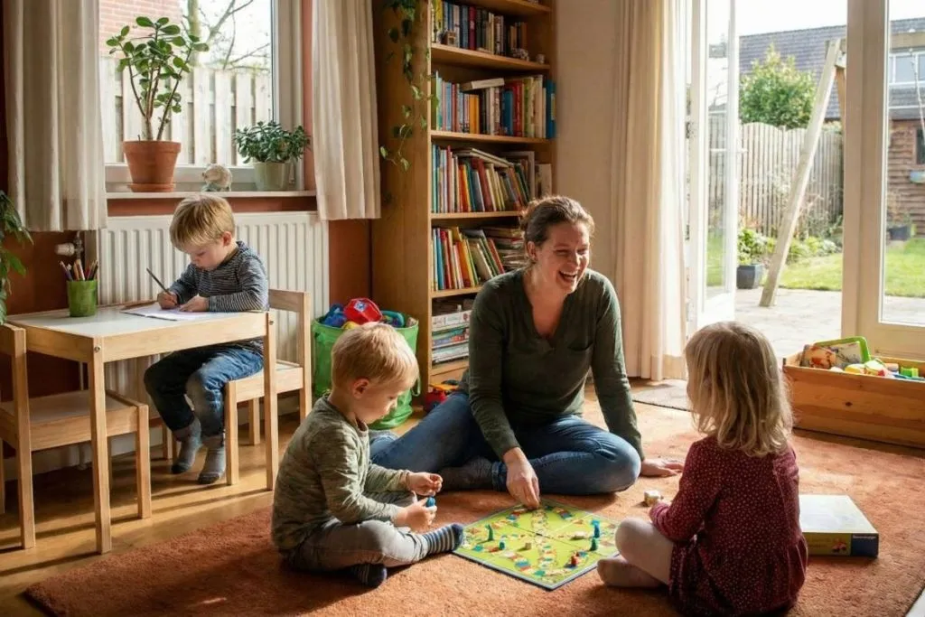 Imagem mostra uma mulher brincando com crianças na sala de casa.