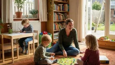 Imagem mostra uma mulher brincando com crianças na sala de casa.