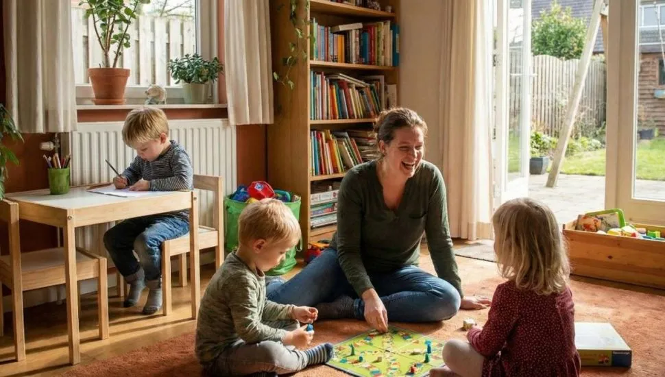 Imagem mostra uma mulher brincando com crianças na sala de casa.
