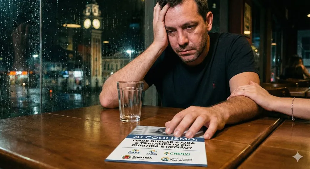 Imagem mostra homem triste sentando em uma mesa com um copo vazio e um cartaz sobre alcoolismo. Uma mão segura em seu braço para demonstrar apoio.