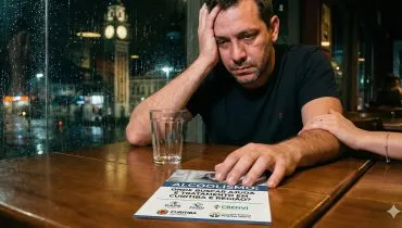 Imagem mostra homem triste sentando em uma mesa com um copo vazio e um cartaz sobre alcoolismo. Uma mão segura em seu braço para demonstrar apoio.