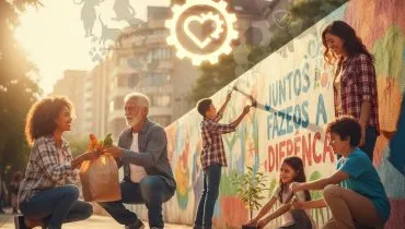 Imagem mostra profissionais do terceiro setor contribuindo com o bem da sociedade: ajudando crianças, idosos e o meio ambiente. Texto na imagem: Dia Internacional das ONGs. Abaixo: Juntos das ONGs