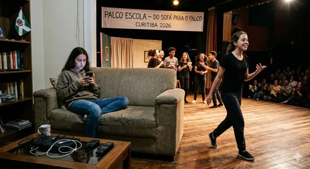 Imagem apresenta uma mescla de ambientes em que existe uma jovem sentada no sofá dentro de casa e ao lado uma jovem que fala em um palco de teatro.
