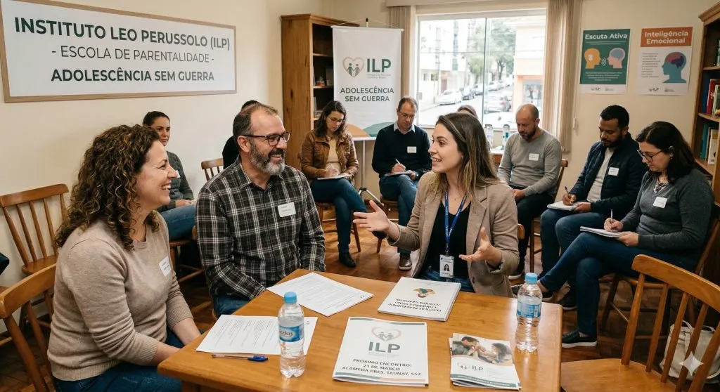 Imagem mostra reunião de pais e responsáveis para conversar sobre o tema: Adolescência sem guerra