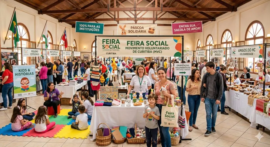 A imagem mostra uma feira social repleta de variedades de produtos e ONGs.