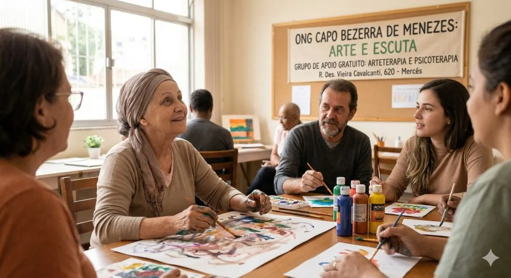 A imagem mostra um conjunto de pessoas reunidas em uma produção artística contra o câncer. Uma das pessoas utiliza um lenço para cobrir a cabeça.