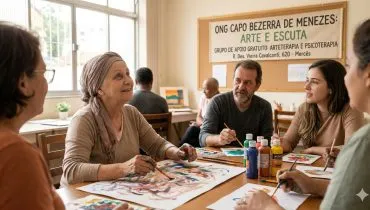 A imagem mostra um conjunto de pessoas reunidas em uma produção artística contra o câncer. Uma das pessoas utiliza um lenço para cobrir a cabeça.