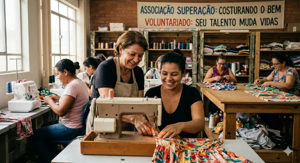 A imagem mostra várias mulheres costurando com uma faixa no fundo da imagem, a qual diz: Associação Superação: costurando o Bem. Voluntariado: seu talento muda vidas