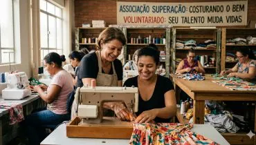 A imagem mostra várias mulheres costurando com uma faixa no fundo da imagem, a qual diz: Associação Superação: costurando o Bem. Voluntariado: seu talento muda vidas