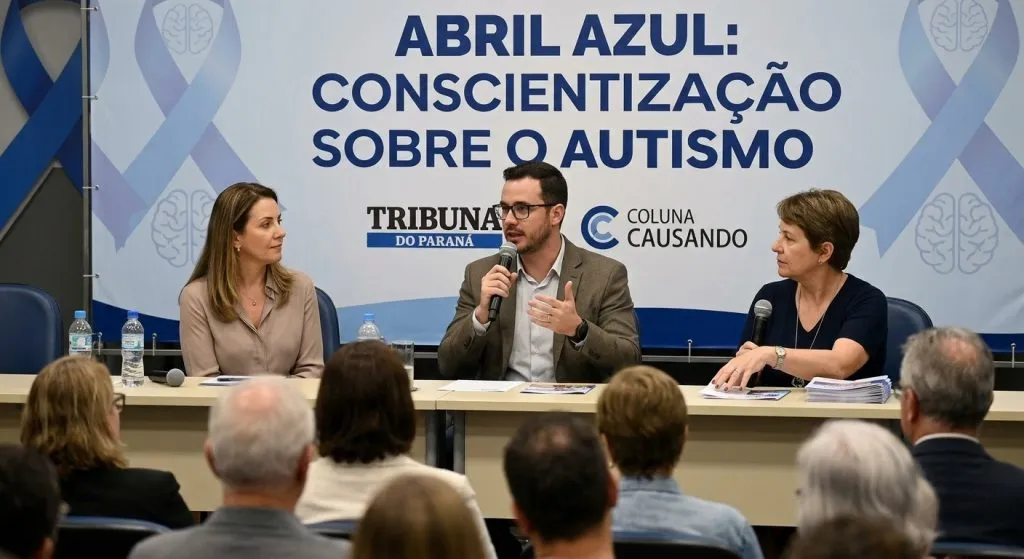 A imagem mostra uma palestra ocorrendo sobre o Abril Azul e a Conscientização do Autismo