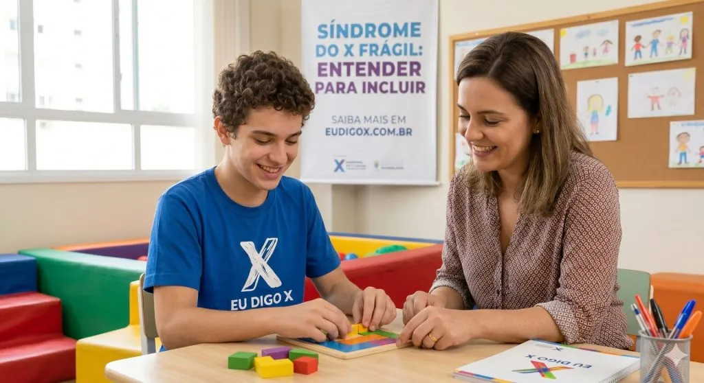 Imagem mostra uma professora ensinando a um aluno. Há um cartaz ao fundo com os dizeres: Síndrome do X frágil - Entender para incluir.