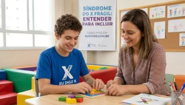 Imagem mostra uma professora ensinando a um aluno. Há um cartaz ao fundo com os dizeres: Síndrome do X frágil - Entender para incluir.