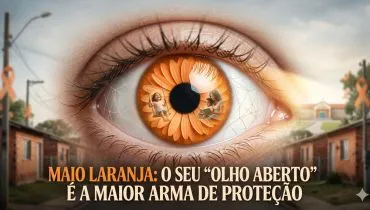 A imagem mostra um olho a frente de uma rua com diversas casinhas de tijolo.
