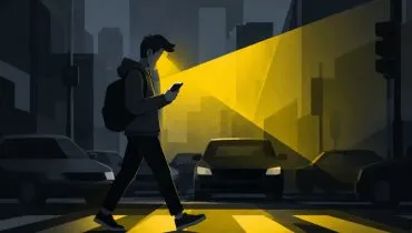 A imagem mostra uma pessoa atravessando a rua, enquanto mexe no celular.