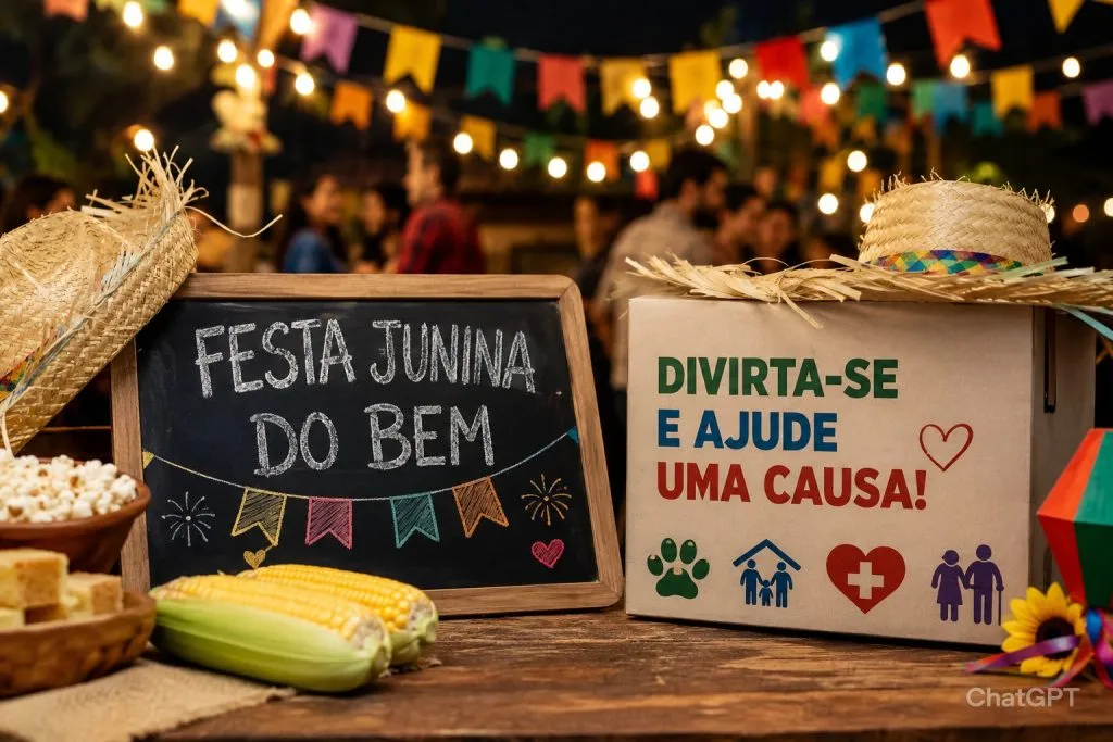A imagem mostra um ambiente decorado para Festa Junina, com dois quadros ao centro, que motivam a participação nessas celebrações do "Arraiá do Bem".