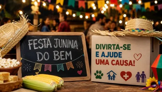 A imagem mostra um ambiente decorado para Festa Junina, com dois quadros ao centro, que motivam a participação nessas celebrações do "Arraiá do Bem".