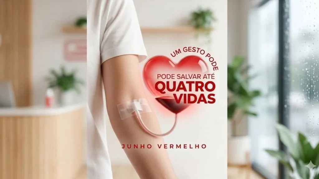 A imagem mostra uma pessoa realizando uma coleta de sangue, com o objetivo de incentivar a doação no Junho Vermelho.