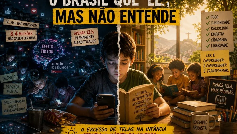 A imagem apresenta um menino, dividido por dois lados, as telas, celulares, enquanto o outro lado mostra a leitura, advertindo malefícios e benefícios