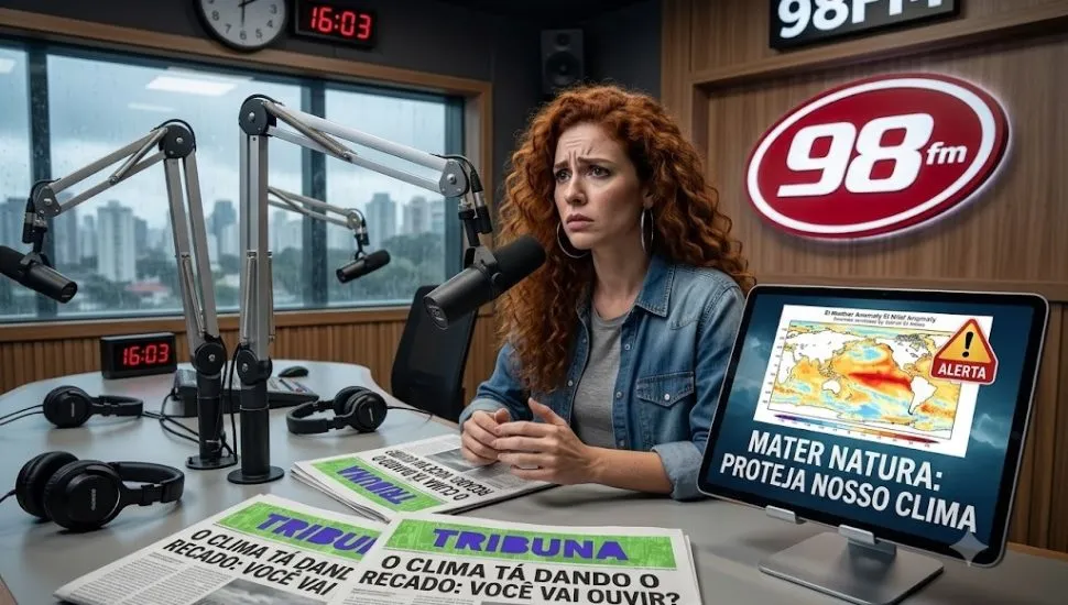 Mulher em um estúdio da rádio 98fm, mostrando jornais e uma tela de computador com avisos sobre o clima.