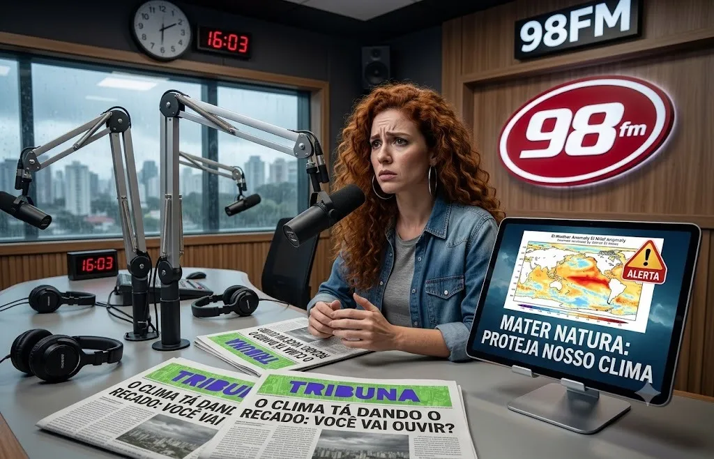 Mulher em um estúdio da rádio 98fm, mostrando jornais e uma tela de computador com avisos sobre o clima.
