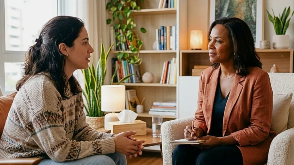 Duas mulheres conversando, uma com um caderno anotando e e outra falando, representando uma conversa entre uma profissional e uma mulher buscando apoio metal.